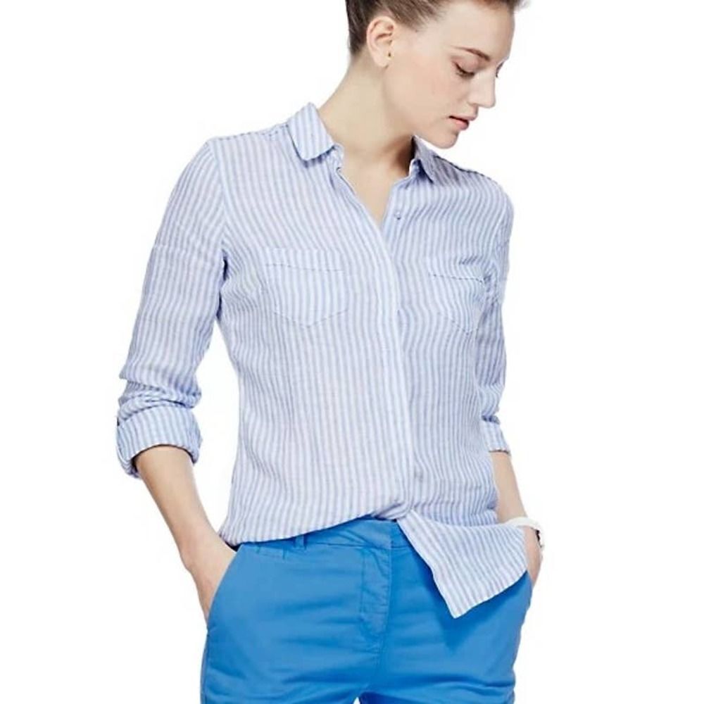 M&S Collection Marks and Spencer Pure Linen Striped Button Down Sz. M/L